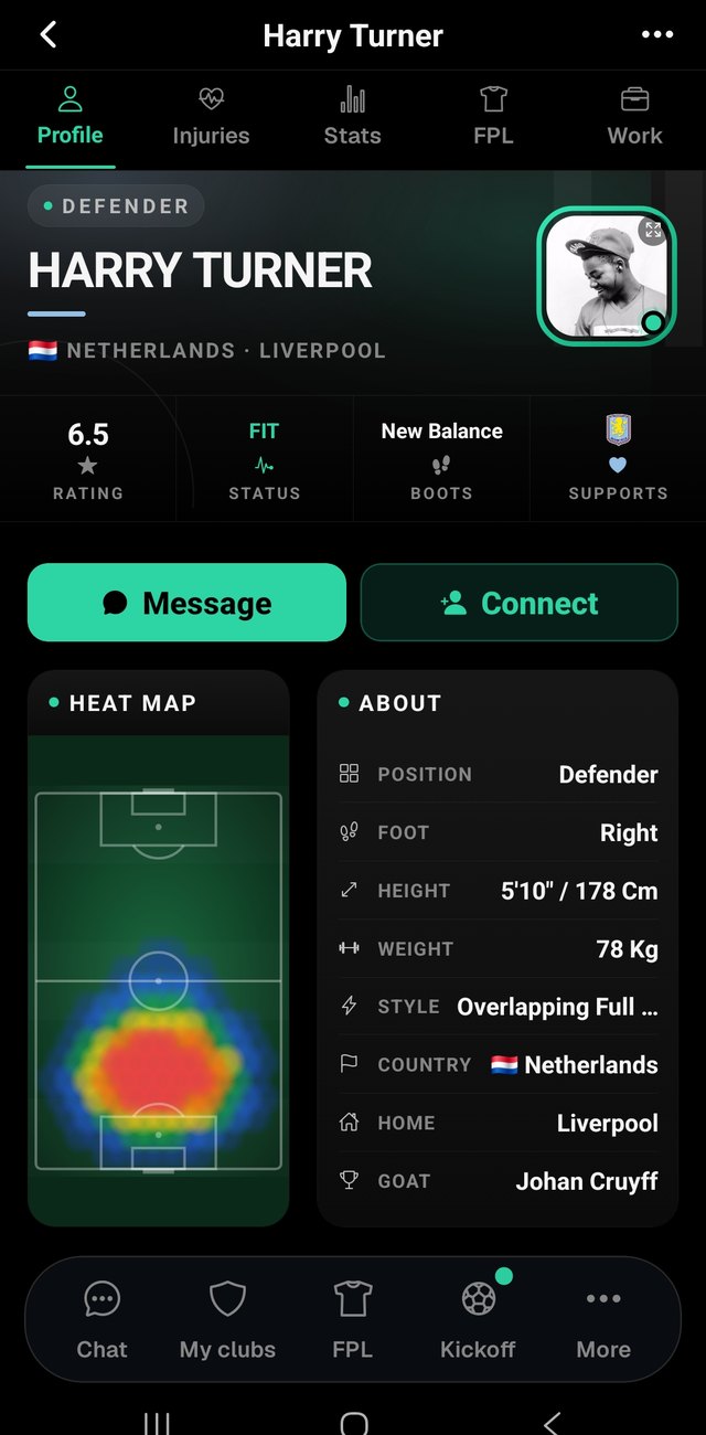 Player profile with heat map and attributes